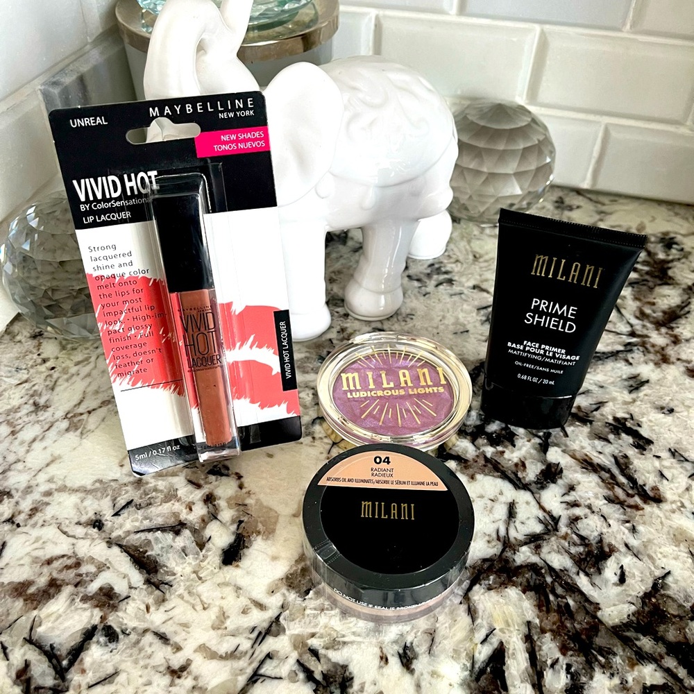 Bundle Lot set 4 Milani powder highlighter face primer maybelline lip lacquer